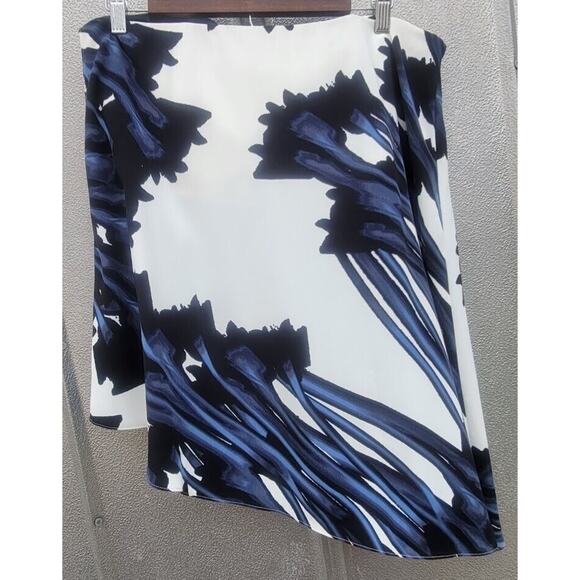 Halston White Strapless Asymetrical Hemline Blue & Black Abstract Floral Sz 10 - Picture 3 of 4